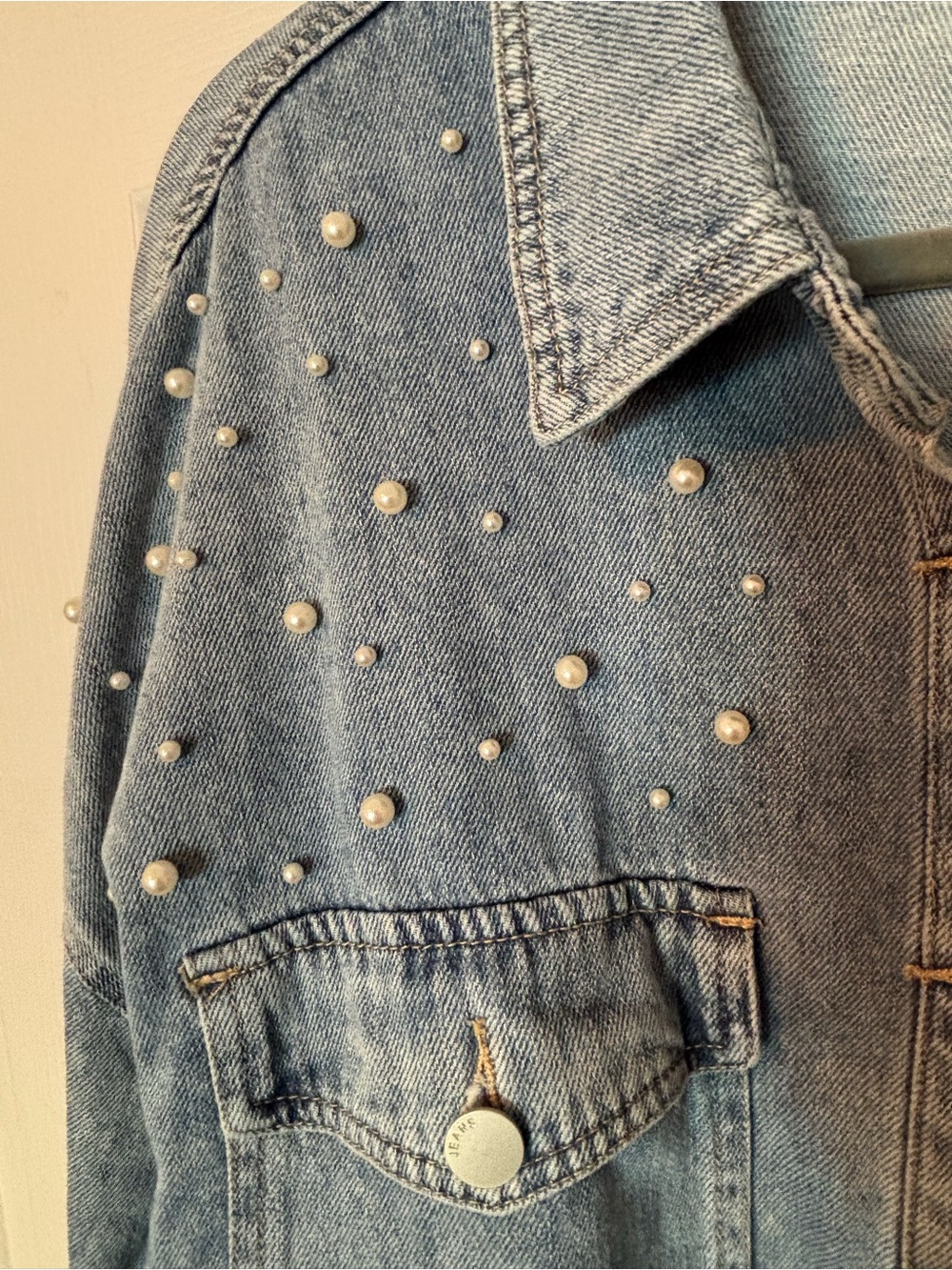 Charlie Paige Light Blue Pearl-Embellished Denim Jacket